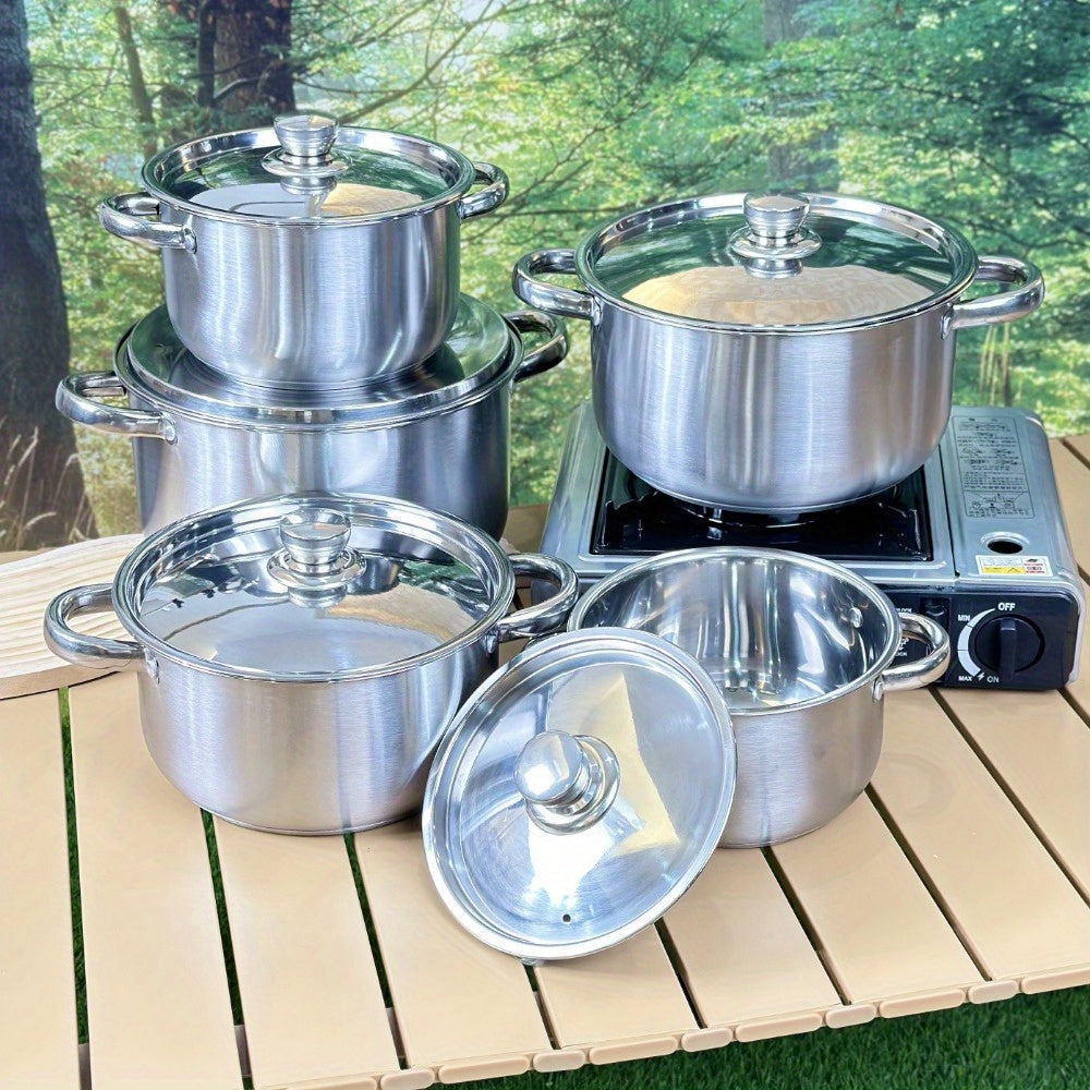 This Stainless Steel Cookware Set includes 10 pieces, featuring 5 pots with lids. The triple-layer bottom ensures even heating, and the dual handles make it perfect for home kitchens.