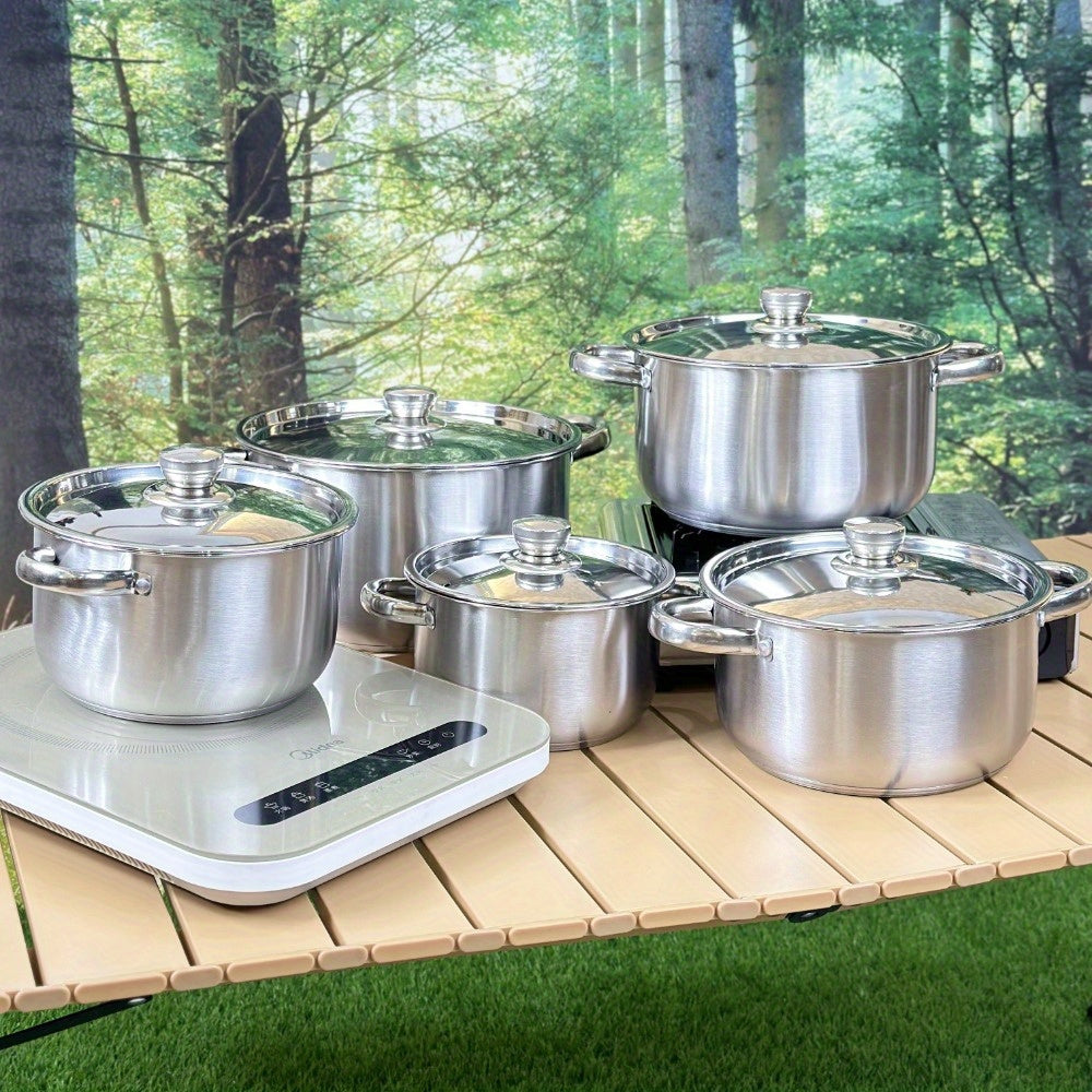 This Stainless Steel Cookware Set includes 10 pieces, featuring 5 pots with lids. The triple-layer bottom ensures even heating, and the dual handles make it perfect for home kitchens.