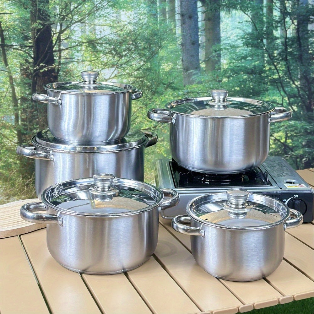 This Stainless Steel Cookware Set includes 10 pieces, featuring 5 pots with lids. The triple-layer bottom ensures even heating, and the dual handles make it perfect for home kitchens.