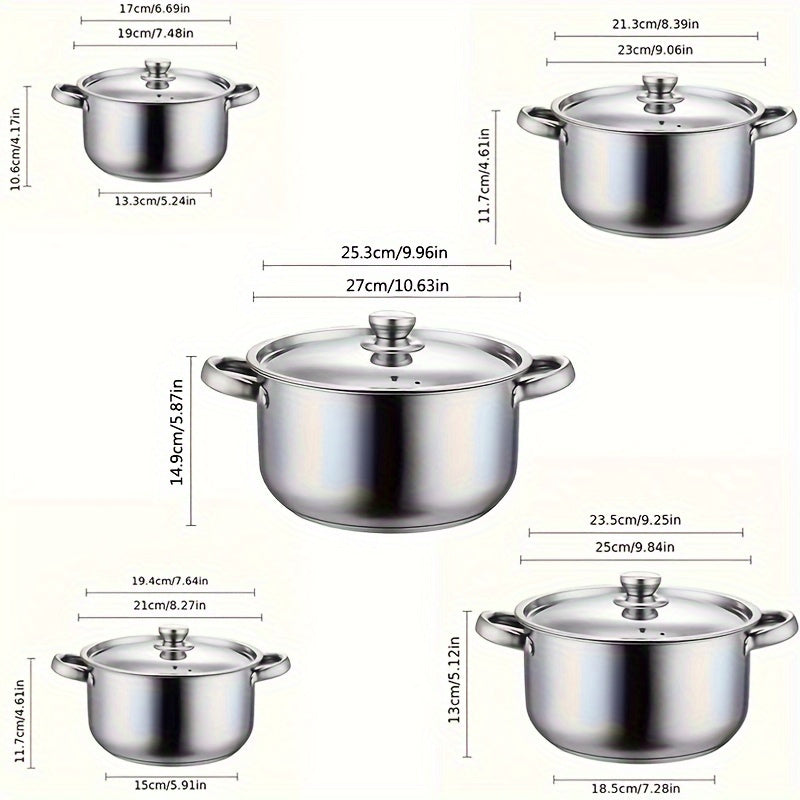 This Stainless Steel Cookware Set includes 10 pieces, featuring 5 pots with lids. The triple-layer bottom ensures even heating, and the dual handles make it perfect for home kitchens.