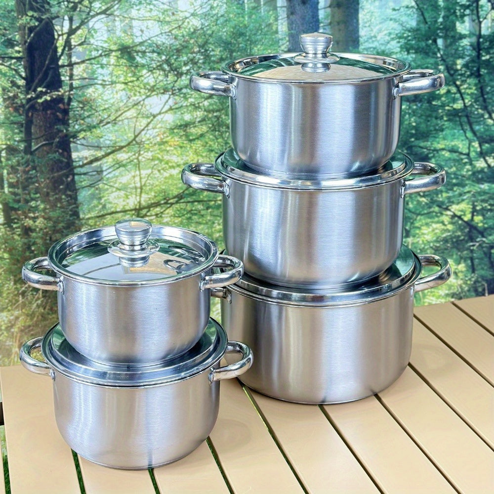 This Stainless Steel Cookware Set includes 10 pieces, featuring 5 pots with lids. The triple-layer bottom ensures even heating, and the dual handles make it perfect for home kitchens.