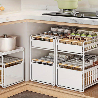 Under Sink Storage Rack for Seasonings & Dishes - Food-Safe Stainless Steel Pull-Out Kitchen Organizer, Multifunctional Design for Spring