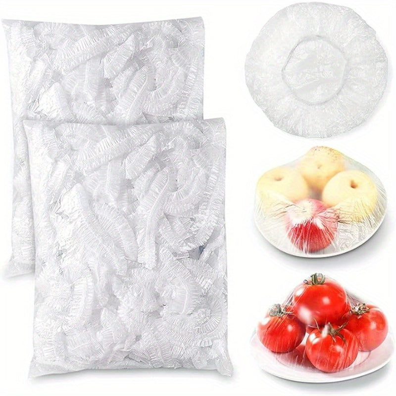 Collection of 100 durable cling bags for storing food, sealing bowls, and wrapping fruit. Ideal for picnics, hotels, leftovers, and outdoor use. Can also double as a see-through shower cap for hair salons and restaurants.