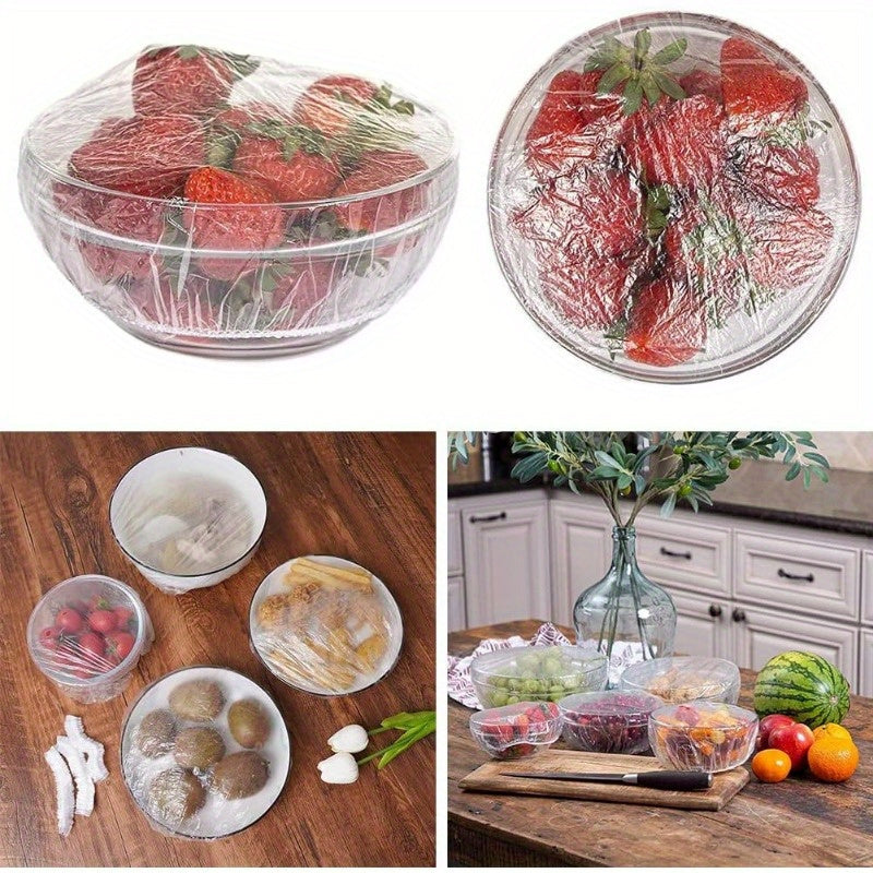 Collection of 100 durable cling bags for storing food, sealing bowls, and wrapping fruit. Ideal for picnics, hotels, leftovers, and outdoor use. Can also double as a see-through shower cap for hair salons and restaurants.