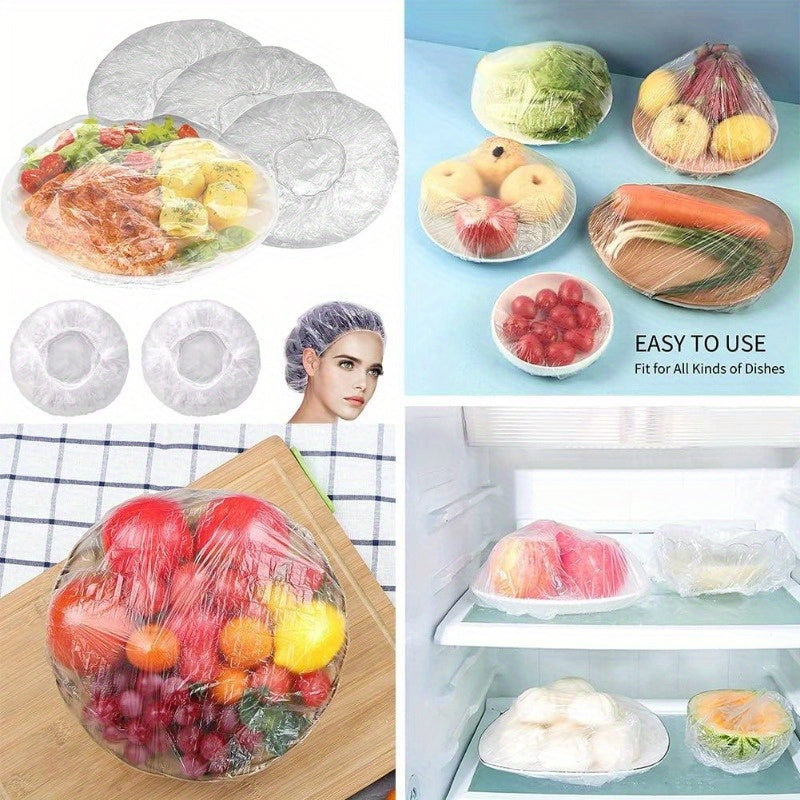 Collection of 100 durable cling bags for storing food, sealing bowls, and wrapping fruit. Ideal for picnics, hotels, leftovers, and outdoor use. Can also double as a see-through shower cap for hair salons and restaurants.