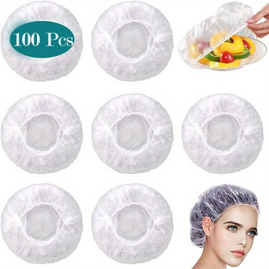 Collection of 100 durable cling bags for storing food, sealing bowls, and wrapping fruit. Ideal for picnics, hotels, leftovers, and outdoor use. Can also double as a see-through shower cap for hair salons and restaurants.