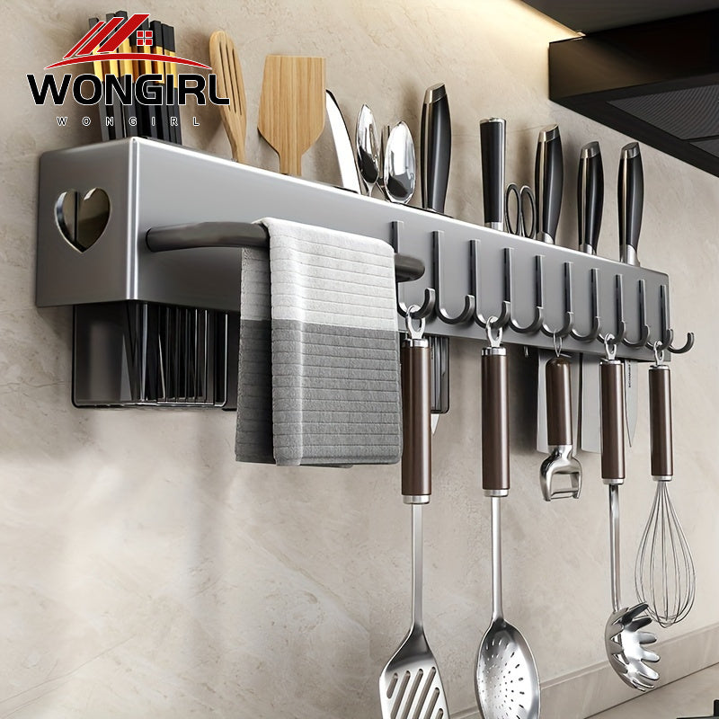 Deluxe kitchen utensil rack organizer with wall-mounted metal and plastic storage shelf for knives, cutlery, and tools. Space-saving, no-drill installation, easy cleaning, and