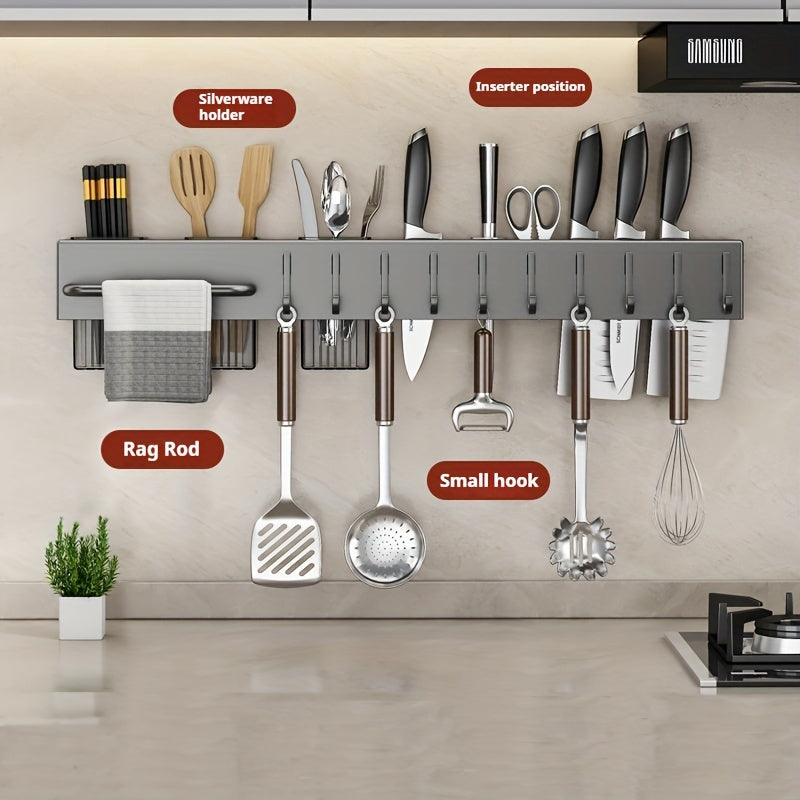 Deluxe kitchen utensil rack organizer with wall-mounted metal and plastic storage shelf for knives, cutlery, and tools. Space-saving, no-drill installation, easy cleaning, and