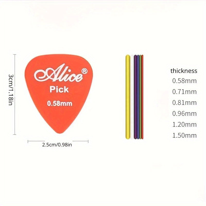 Alice Guitar Pick Set: 20pcs with various colors and thickness ranging from 0.58 to 1.5mm. Suitable for acoustic, electric, and bass guitars.