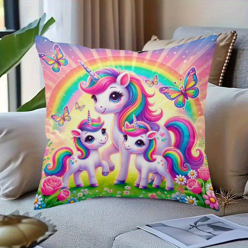 Add some magic to your home with our Dreamy Unicorn Family Decorative Pillow Cover. Made from soft polyester, this zippered cover is machine washable and perfect for adding a touch of whimsy to your bed, sofa, or leisure chair. With a double-sided print