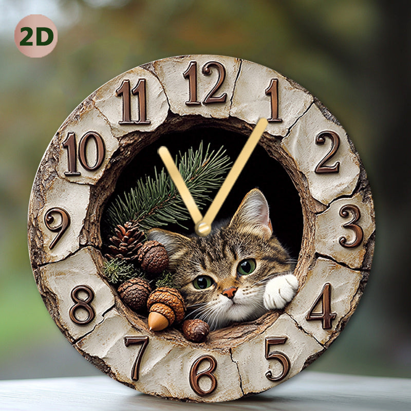 Wood fiber board round wall clock with cat plush toy in cracked stucco wall niche - fun decor for modern spaces.