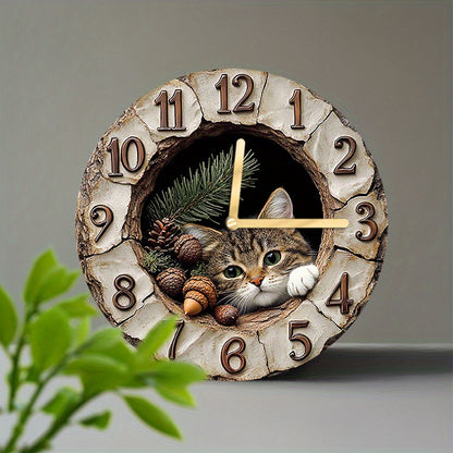 Wood fiber board round wall clock with cat plush toy in cracked stucco wall niche - fun decor for modern spaces.