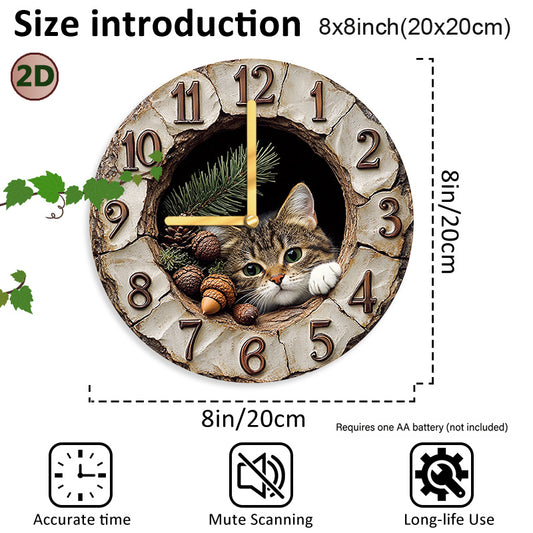 Wood fiber board round wall clock with cat plush toy in cracked stucco wall niche - fun decor for modern spaces.