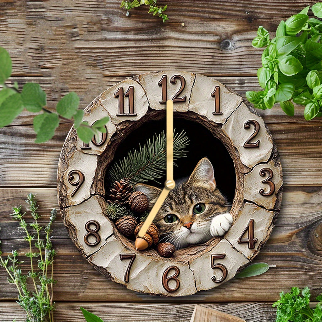 Wood fiber board round wall clock with cat plush toy in cracked stucco wall niche - fun decor for modern spaces.