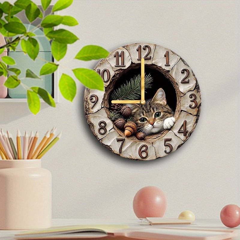 Wood fiber board round wall clock with cat plush toy in cracked stucco wall niche - fun decor for modern spaces.