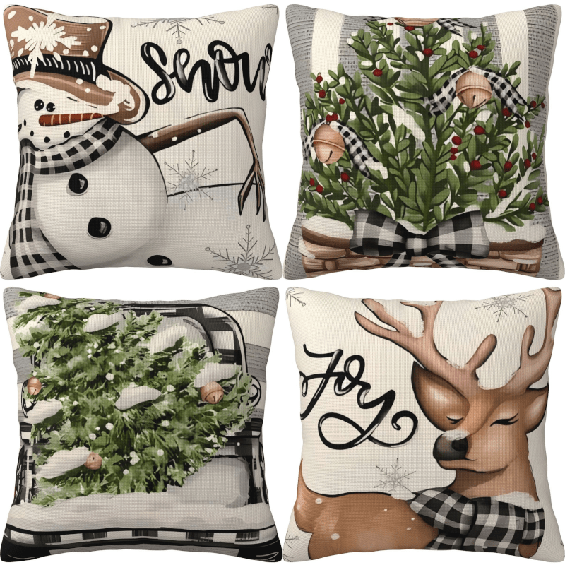 Christmas-themed linen pillow covers featuring a Christmas tree, snowman, and truck design; perfect for holiday decorating in the living room or bedroom. Makes a great Christmas gift or ornament. Each cover measures 45*45CM. Pillow inserts not included.