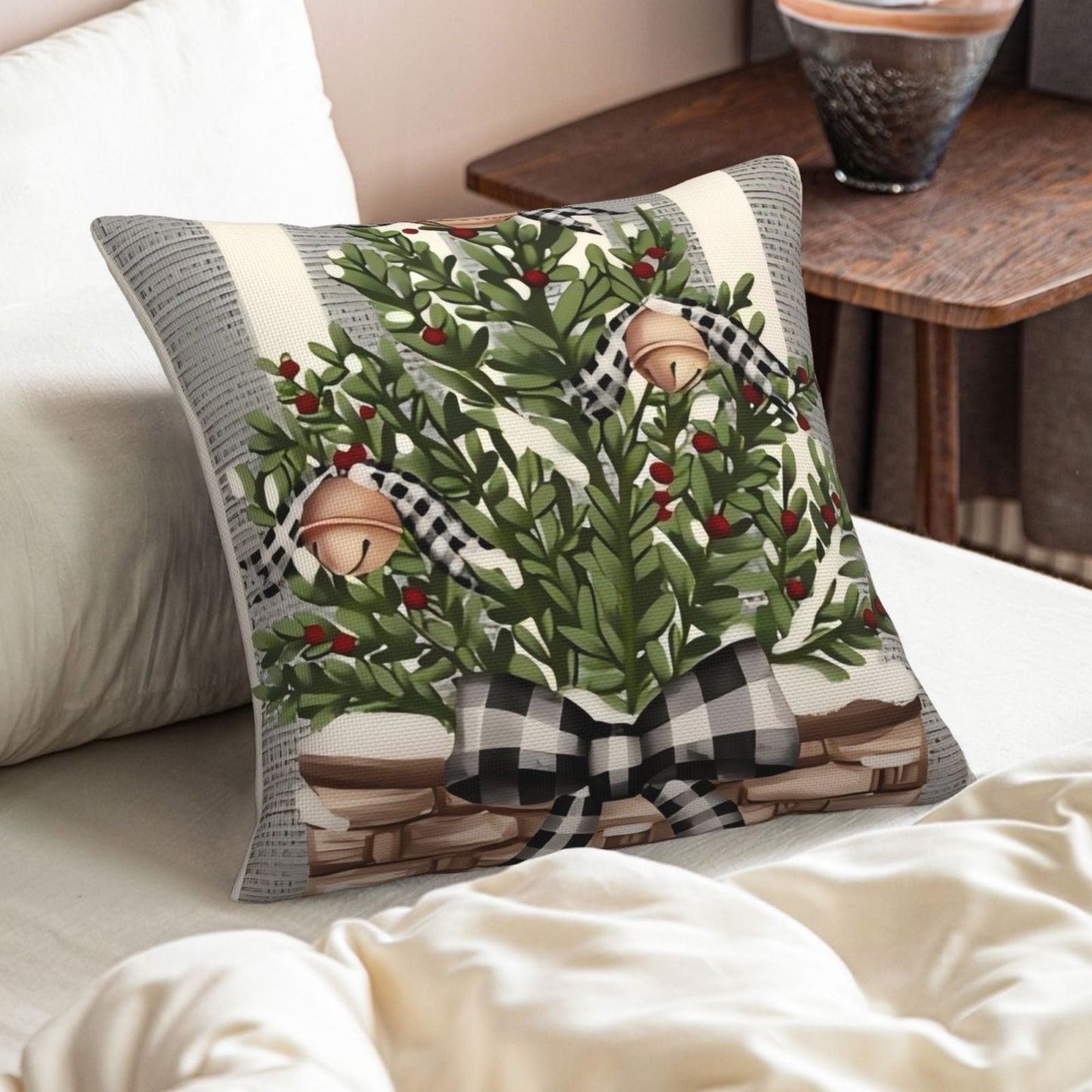 Christmas-themed linen pillow covers featuring a Christmas tree, snowman, and truck design; perfect for holiday decorating in the living room or bedroom. Makes a great Christmas gift or ornament. Each cover measures 45*45CM. Pillow inserts not included.