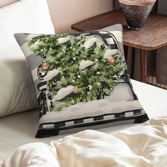 Christmas-themed linen pillow covers featuring a Christmas tree, snowman, and truck design; perfect for holiday decorating in the living room or bedroom. Makes a great Christmas gift or ornament. Each cover measures 45*45CM. Pillow inserts not included.