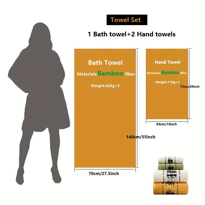 3-piece Bamboo Fiber Towel Set includes 1 bath towel (69.85*139.7cm) and 2 hand towels (33.02*73.66cm). Perfect for household and bathroom use.