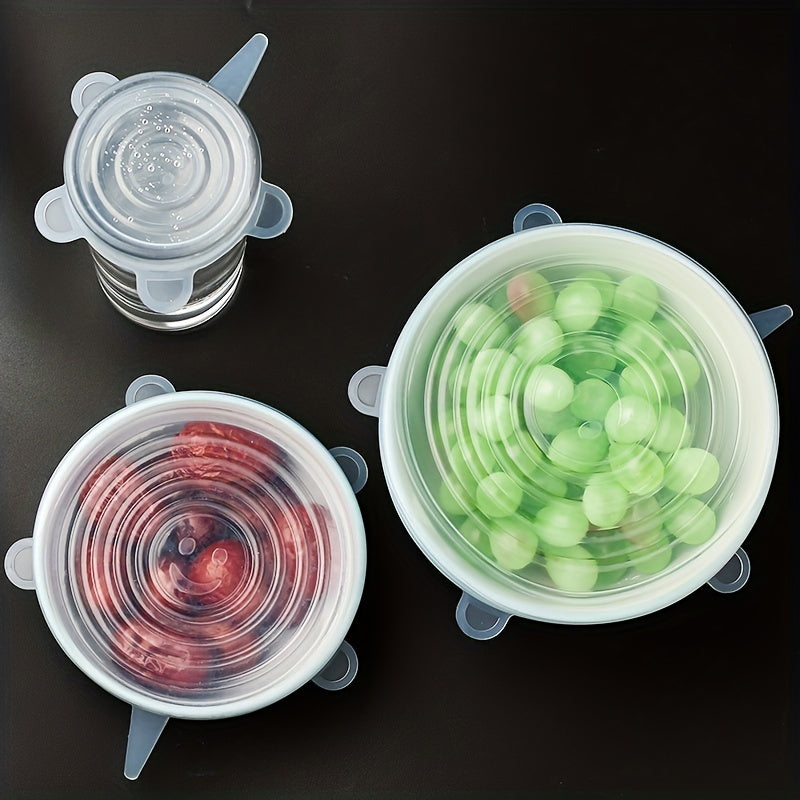 Keep your food fresh with our set of 6 premium silicone stretch lids! These reusable and durable food storage covers come in various sizes to fit bowls, jars, cans, and more. They are dishwasher and fridge safe, making them easy to clean and perfect for