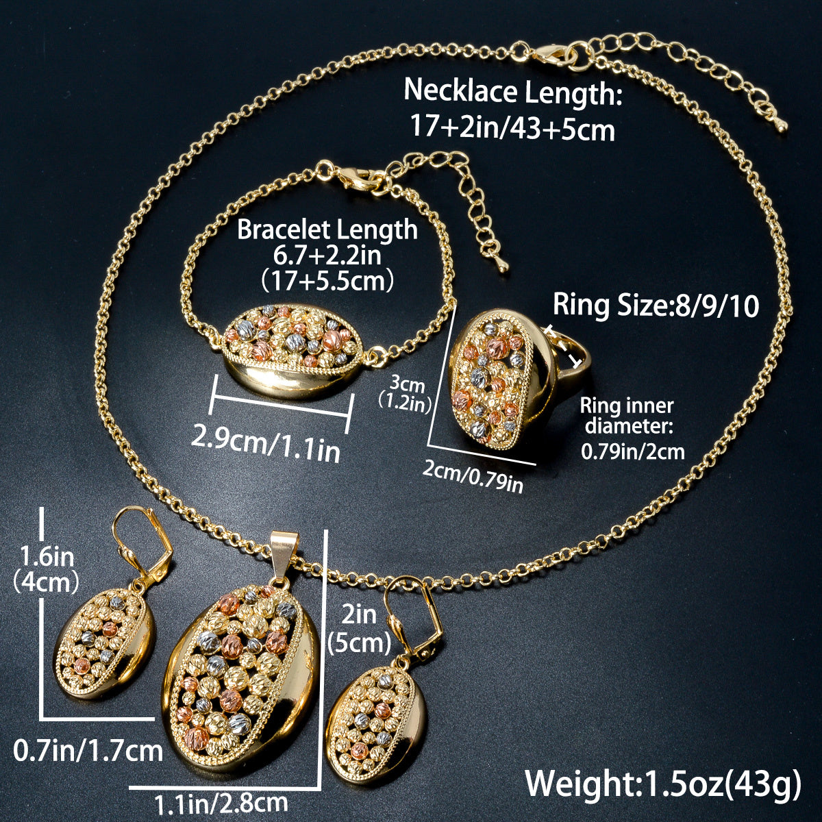 A stunning Indian-style jewelry set consisting of a necklace pendant, bracelet, ring, and earrings. This colorful and elegant four-piece set is the perfect gift for weddings, parties, and birthdays. Get your hands on this hot-selling fashion jewelry set