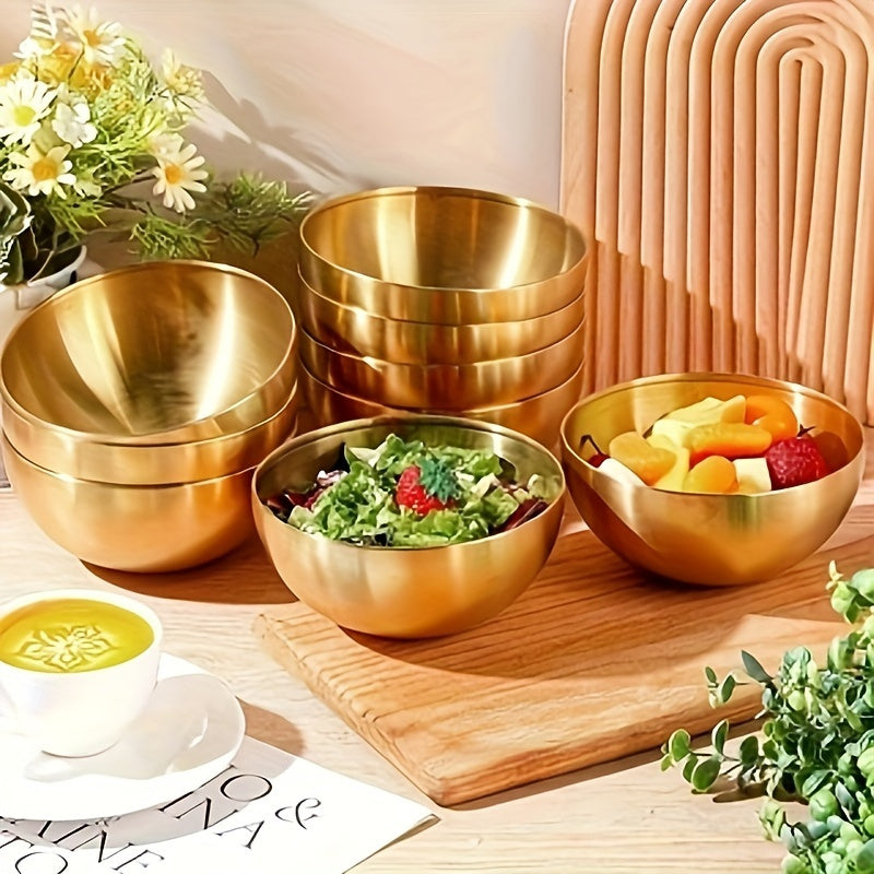 4-piece set of LDQ Golden Stainless Steel Salad Bowls, rust-resistant and versatile for fruits, noodles, and baking. Ideal for kitchen serveware.