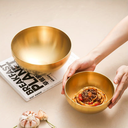 4-piece set of LDQ Golden Stainless Steel Salad Bowls, rust-resistant and versatile for fruits, noodles, and baking. Ideal for kitchen serveware.