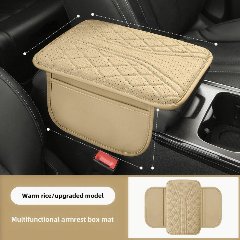 Black car armrest cover with storage pockets and quilted design for comfortable elbow support, secure fit, and anti-scratch protection.