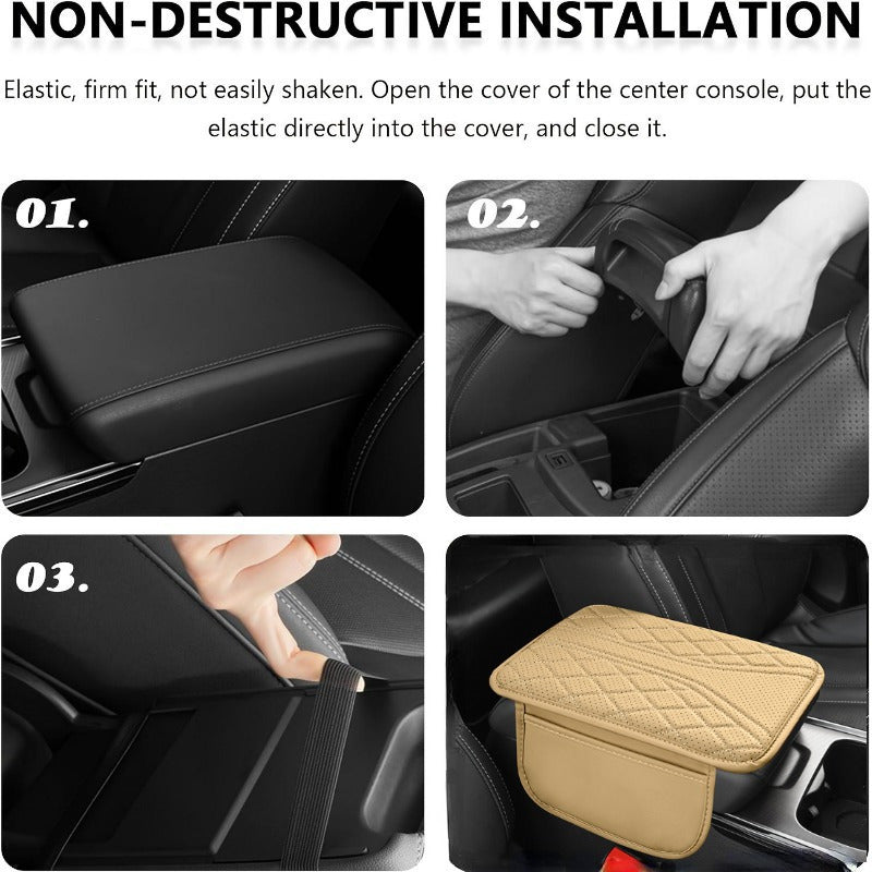 Black car armrest cover with storage pockets and quilted design for comfortable elbow support, secure fit, and anti-scratch protection.