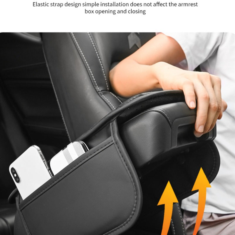 Universal car armrest cushion with storage pocket for anti-scratch protection.