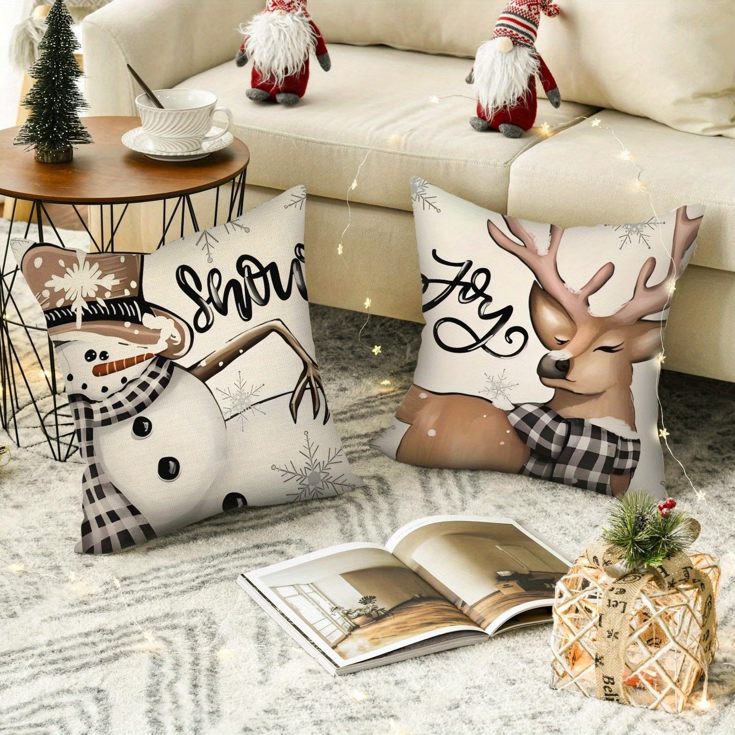 Christmas-themed linen pillow covers featuring a Christmas tree, snowman, and truck design; perfect for holiday decorating in the living room or bedroom. Makes a great Christmas gift or ornament. Each cover measures 45*45CM. Pillow inserts not included.