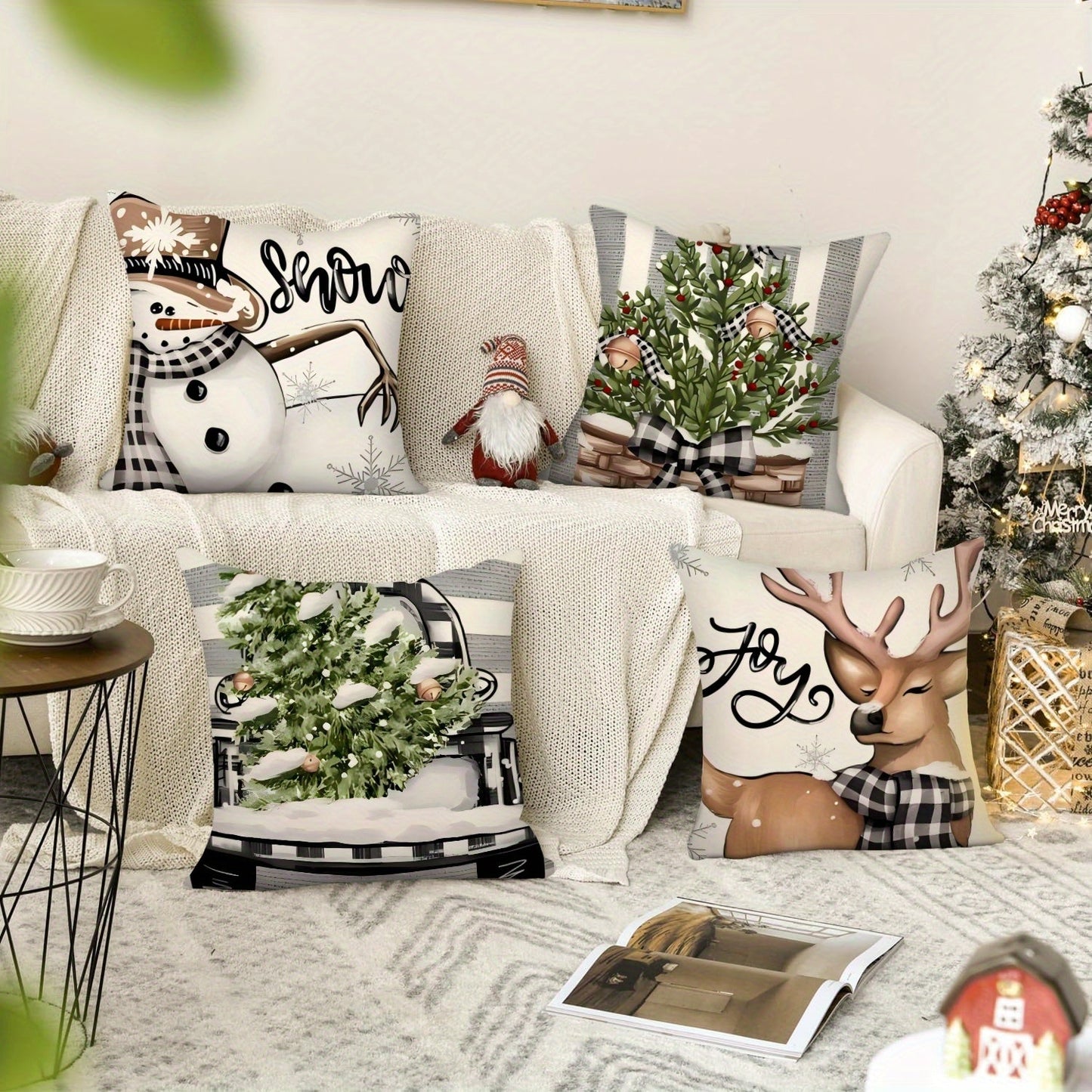 Christmas-themed linen pillow covers featuring a Christmas tree, snowman, and truck design; perfect for holiday decorating in the living room or bedroom. Makes a great Christmas gift or ornament. Each cover measures 45*45CM. Pillow inserts not included.