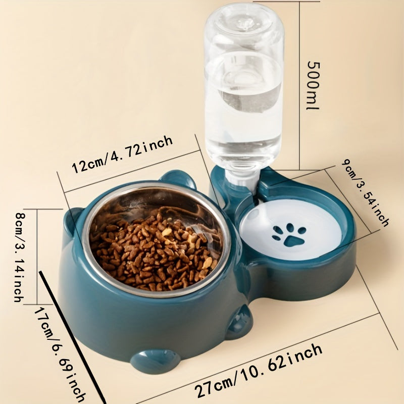 Automatic 2-in-1 pet feeder with non-slip stainless steel bowl for cats and dogs, no battery or power needed.