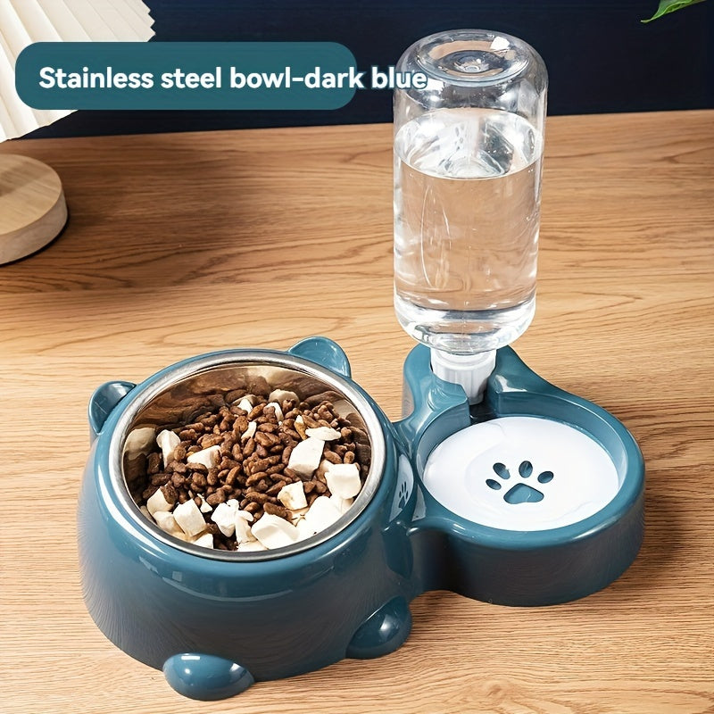 Automatic 2-in-1 pet feeder with non-slip stainless steel bowl for cats and dogs, no battery or power needed.