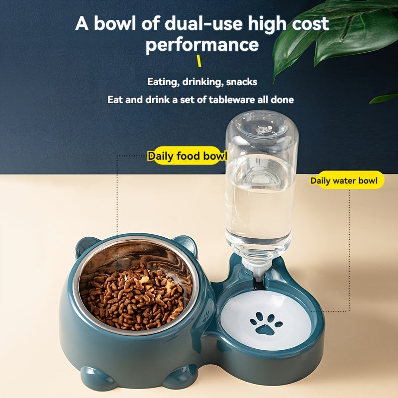 Automatic 2-in-1 pet feeder with non-slip stainless steel bowl for cats and dogs, no battery or power needed.