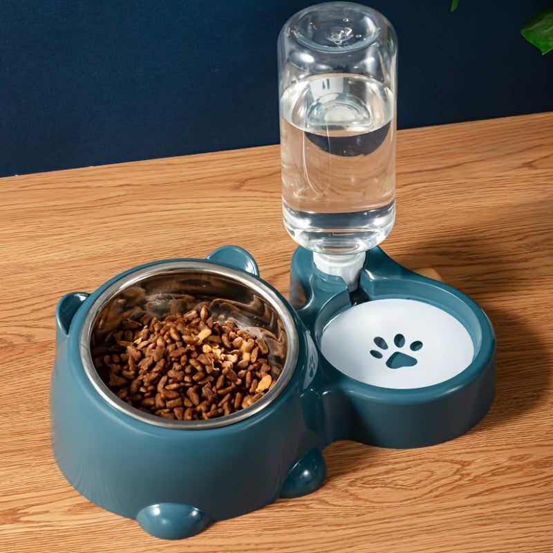 Automatic 2-in-1 pet feeder with non-slip stainless steel bowl for cats and dogs, no battery or power needed.