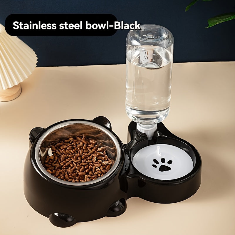 Automatic 2-in-1 pet feeder with non-slip stainless steel bowl for cats and dogs, no battery or power needed.