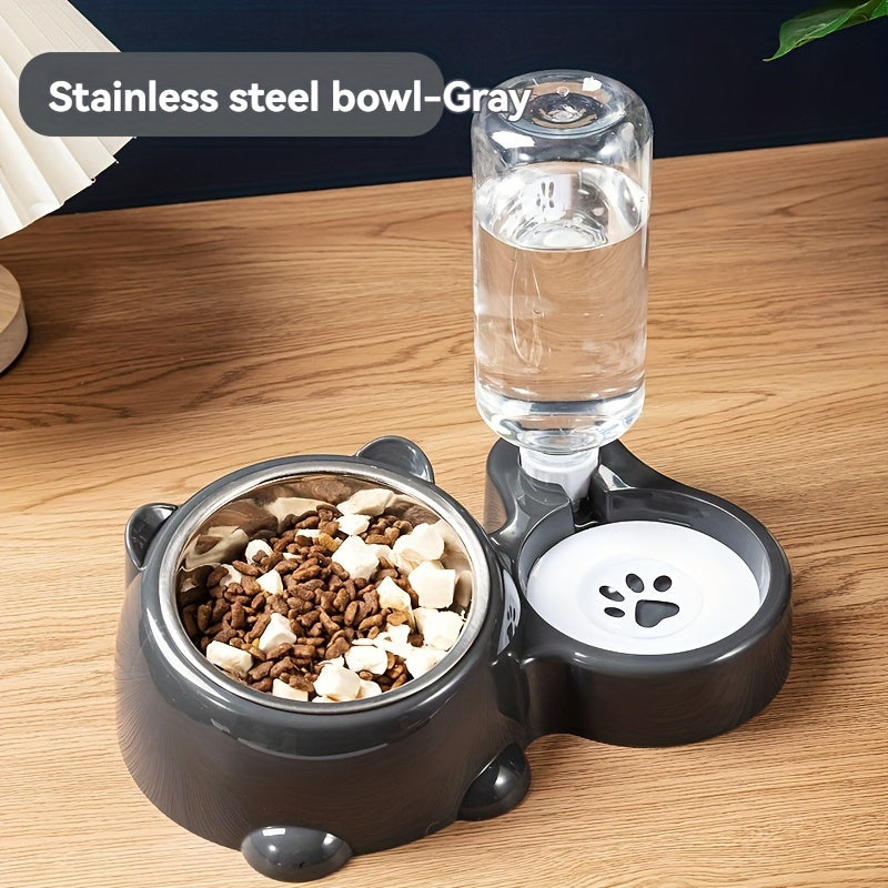 Automatic 2-in-1 pet feeder with non-slip stainless steel bowl for cats and dogs, no battery or power needed.