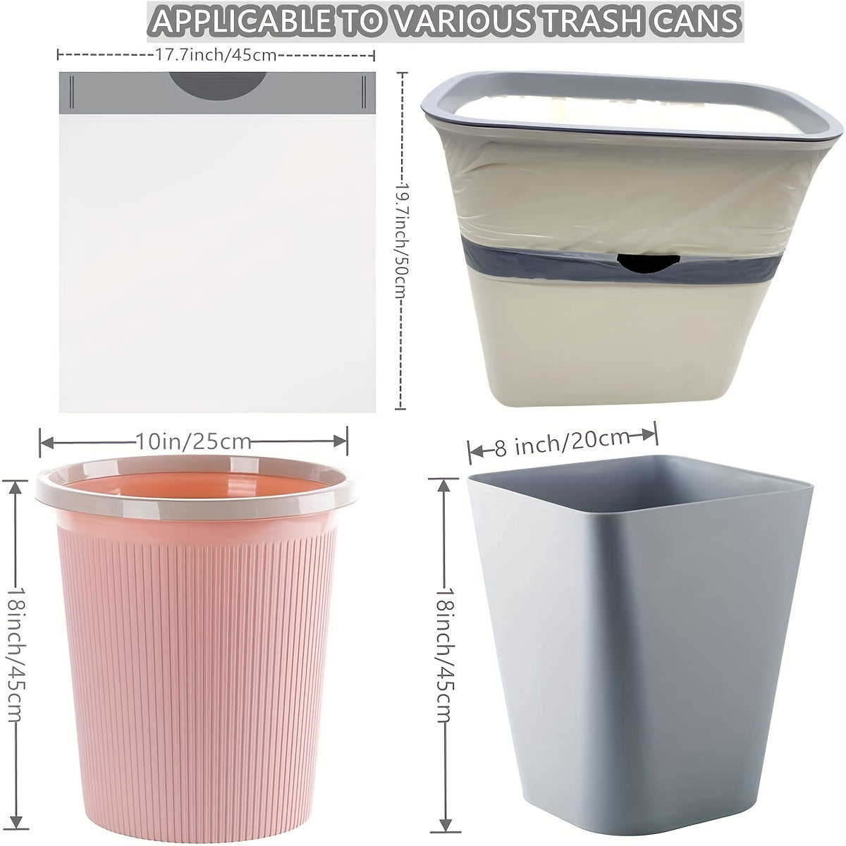 This package includes 45 pieces divided into 3 rolls of 15 pieces each, designed for use with 4-gallon small drawstring trash bags. The plastic trash can has a 15L liner and is suitable for various locations such as bathrooms, restrooms, bedrooms