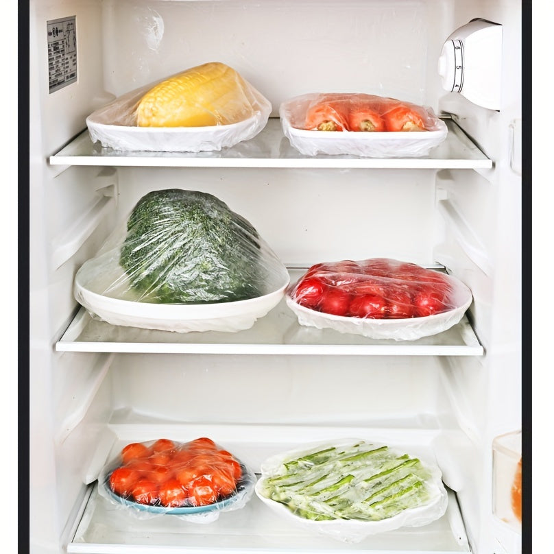 One hundred disposable plastic food storage covers with elastic ties. These reusable sealable cling film lids are suitable for bowls, plates, pots, boxes, and trays. Keep your food dustproof, insect-proof, and safe with these kitchen storage caps.