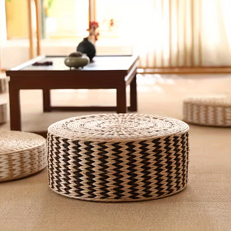 Artisan-made Circular Woven Pouf - Traditional Japanese Tatami Floor Pillow for Home Decoration, Dandelion Patterned Pouf Perfect for Meditation, Zen, Yoga Areas with Non-Wooden Construction.