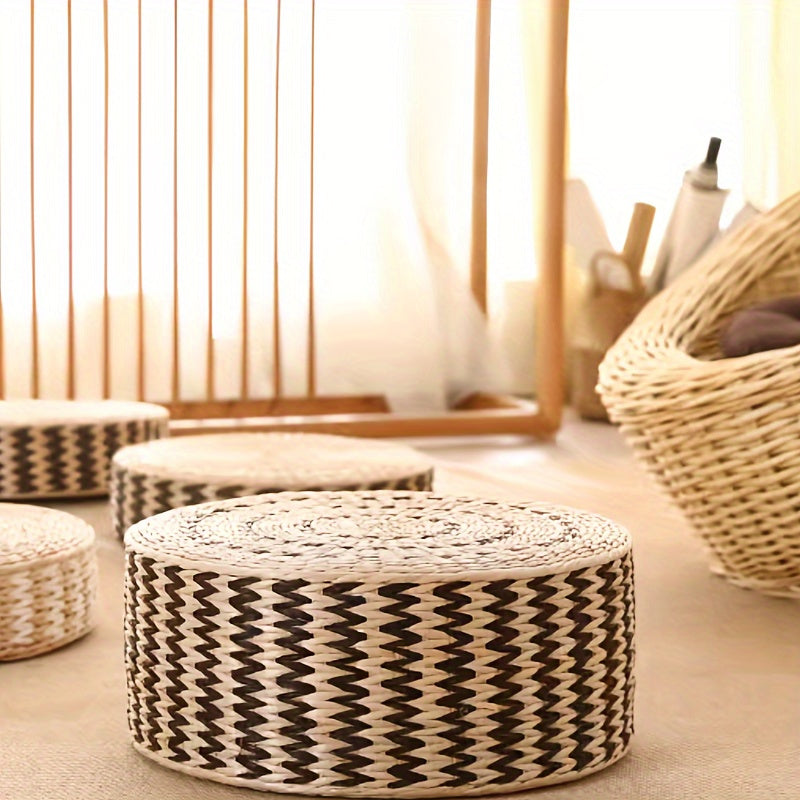 Artisan-made Circular Woven Pouf - Traditional Japanese Tatami Floor Pillow for Home Decoration, Dandelion Patterned Pouf Perfect for Meditation, Zen, Yoga Areas with Non-Wooden Construction.