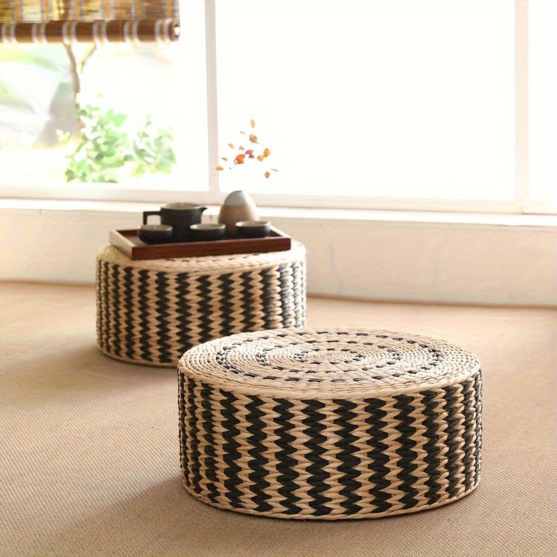 Artisan-made Circular Woven Pouf - Traditional Japanese Tatami Floor Pillow for Home Decoration, Dandelion Patterned Pouf Perfect for Meditation, Zen, Yoga Areas with Non-Wooden Construction.