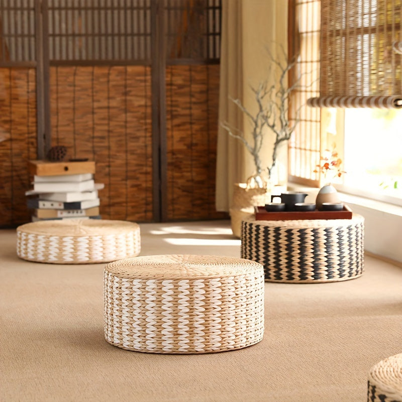 Artisan-made Circular Woven Pouf - Traditional Japanese Tatami Floor Pillow for Home Decoration, Dandelion Patterned Pouf Perfect for Meditation, Zen, Yoga Areas with Non-Wooden Construction.