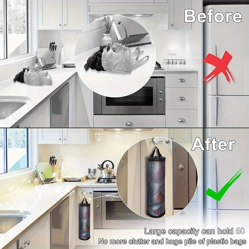 Organize Your Kitchen Space with a Foldable Plastic Bag Holder - Hang and Store Grocery Bags and Garbage Easily with Breathable Mesh Design