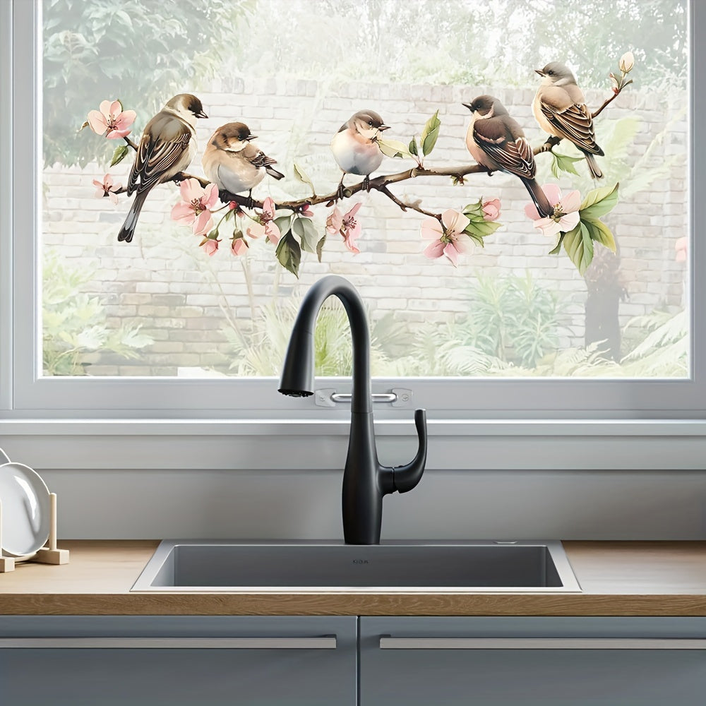 One piece of vibrant flower and bird window decorations with electrostatic adhesive for easy application and removal without leaving residue.