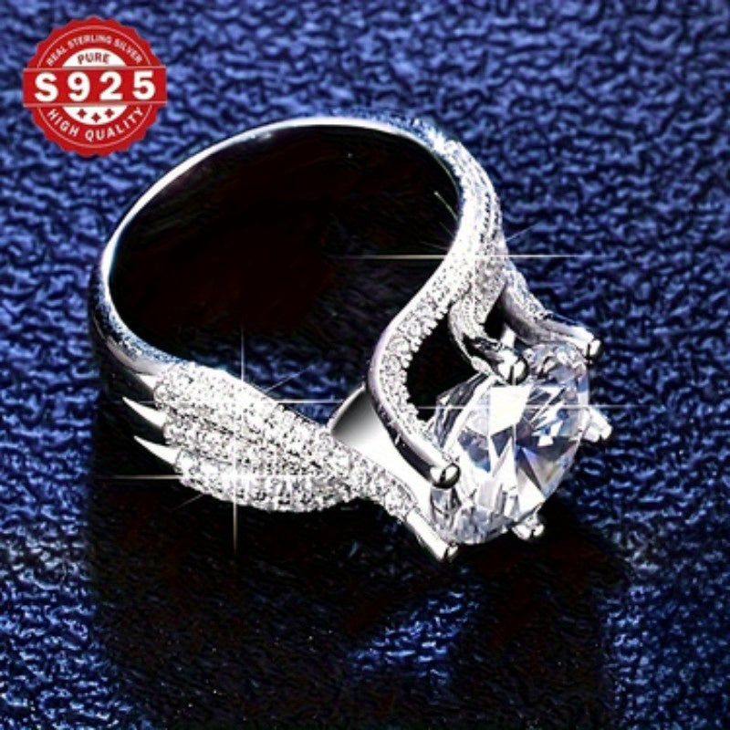 Royal Style 925 Sterling Silver Ring for Women featuring Natural Zirconia, Perfect for Engagement or Wedding, 6-Prong Setting, Ideal for Parties. High-Quality Bague Femme with February Birthstone, No Batteries Needed.