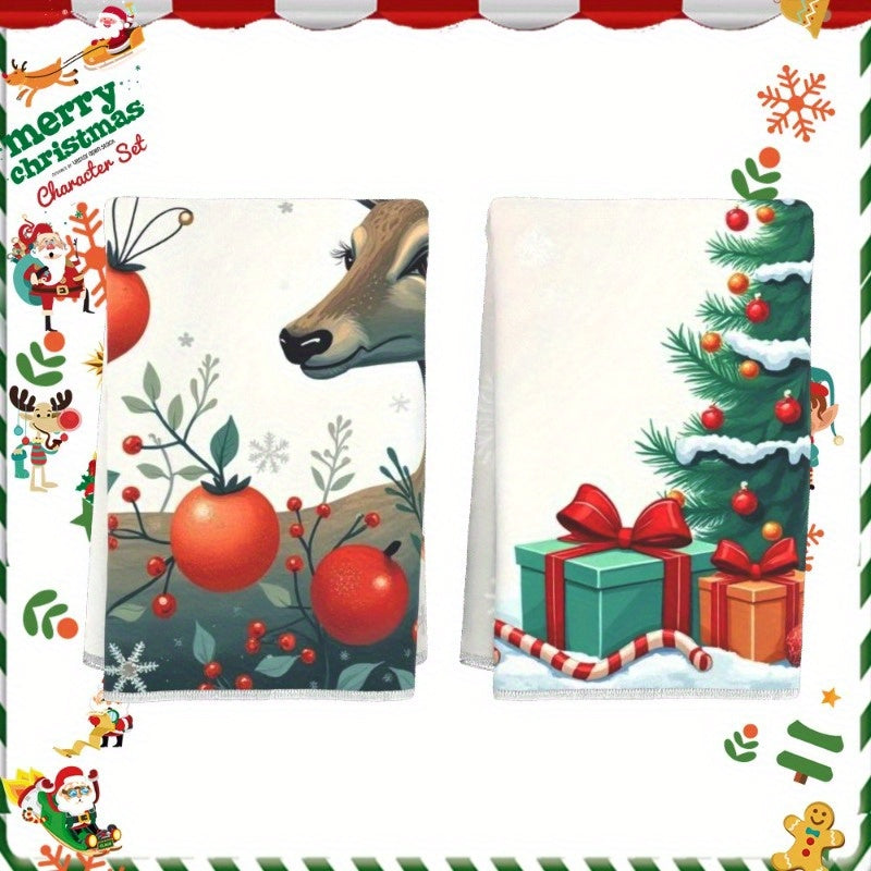 Set of 2 Christmas Kitchen Towels: These soft polyester towels feature a contemporary Christmas design, perfect for your holiday kitchen décor. Measuring 45.72x66.04 cm, these machine washable towels are woven with a fantasy design for easy cleaning.