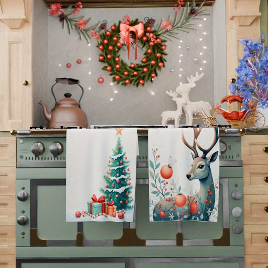 Set of 2 Christmas Kitchen Towels: These soft polyester towels feature a contemporary Christmas design, perfect for your holiday kitchen décor. Measuring 45.72x66.04 cm, these machine washable towels are woven with a fantasy design for easy cleaning.