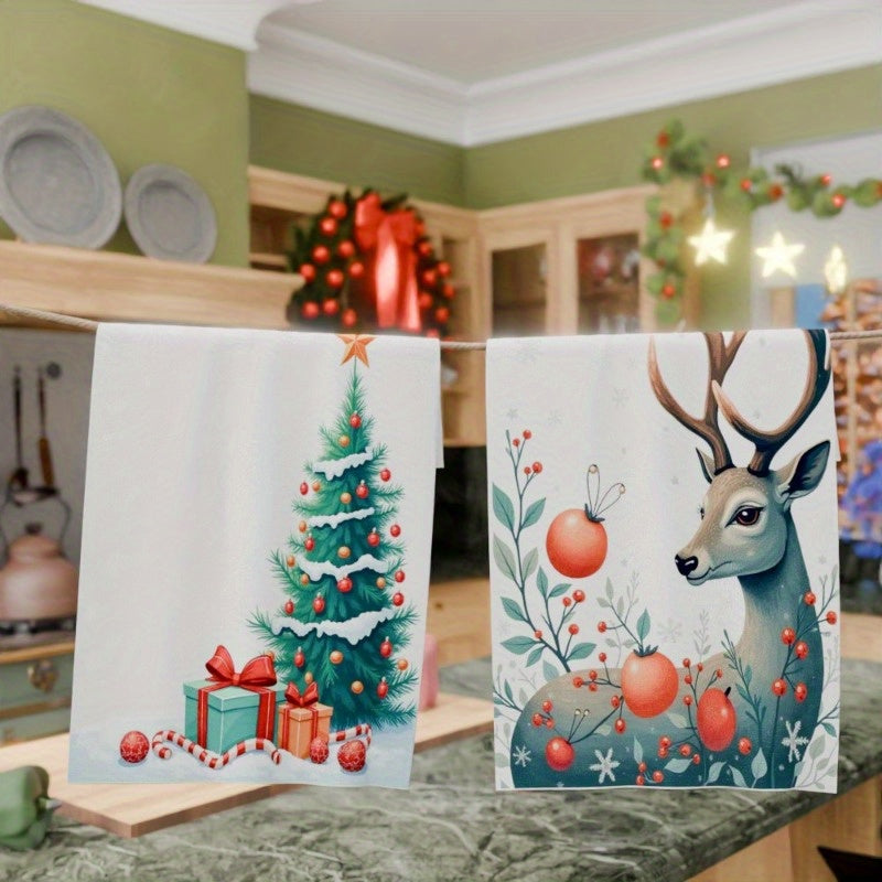 Set of 2 Christmas Kitchen Towels: These soft polyester towels feature a contemporary Christmas design, perfect for your holiday kitchen décor. Measuring 45.72x66.04 cm, these machine washable towels are woven with a fantasy design for easy cleaning.